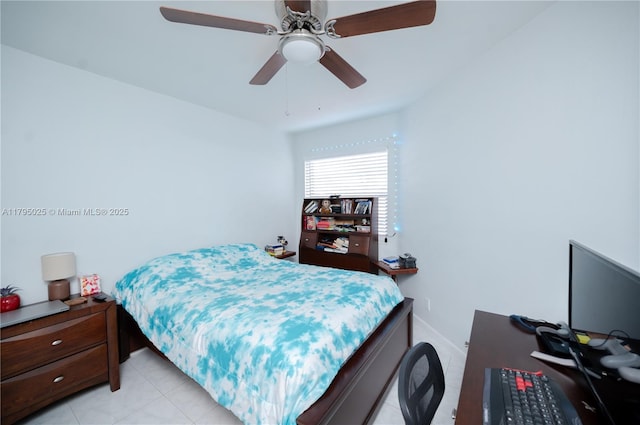 bedroom featuring light tile patterned flooring and ceiling fan
