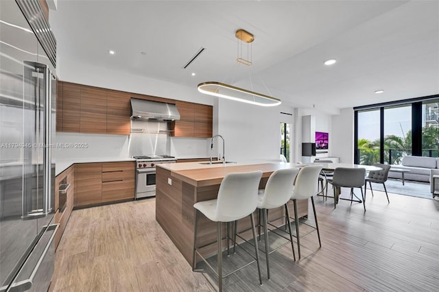 kitchen with brown cabinetry, high end appliances, modern cabinets, wall chimney exhaust hood, and a sink