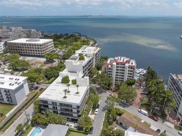 aerial view featuring a water view and a view of city