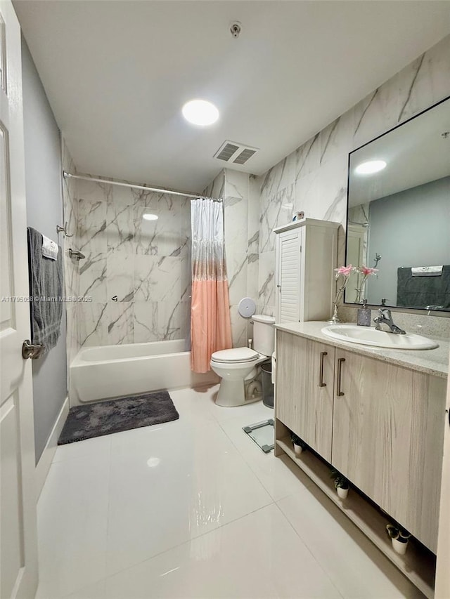 full bathroom featuring vanity, toilet, shower / bath combination with curtain, tile walls, and visible vents