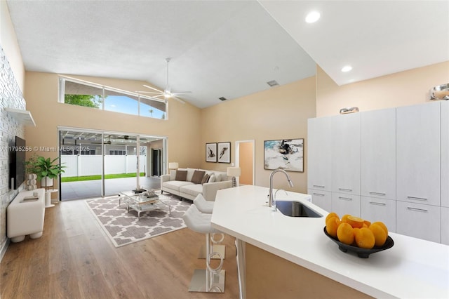 kitchen featuring a sink, wood finished floors, high vaulted ceiling, ceiling fan, and open floor plan