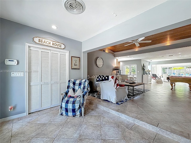 living room with billiards table, a ceiling fan, baseboards, and recessed lighting