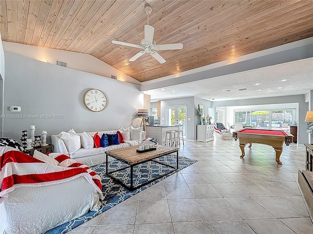 living area with billiards table, ceiling fan, healthy amount of natural light, vaulted ceiling, and wooden ceiling