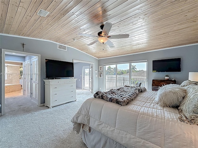 bedroom with vaulted ceiling, wood ceiling, access to outside, light carpet, and a ceiling fan