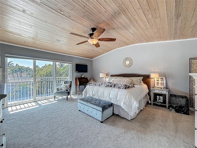 carpeted bedroom with wood ceiling, access to outside, crown molding, lofted ceiling, and a ceiling fan
