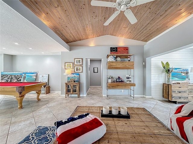 recreation room with tile patterned floors, lofted ceiling, a ceiling fan, pool table, and baseboards