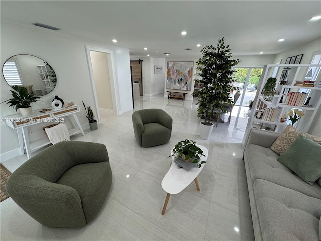 2500 SW 137th Ct, Miami, FL 33175 - living area featuring a barn door, recessed lighting, baseboards, and light tile patterned flooring