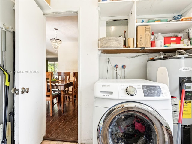 4400 NE 13th Ave, Oakland Park, FL 33334 - laundry area featuring laundry area, washer / dryer, wood finished floors, and water heater