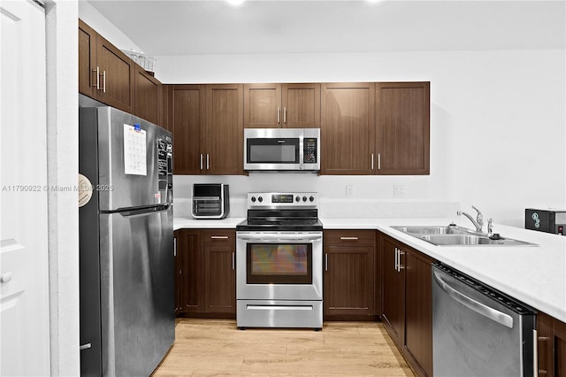 kitchen featuring dark brown cabinets, appliances with stainless steel finishes, a sink, light countertops, and light wood-type flooring