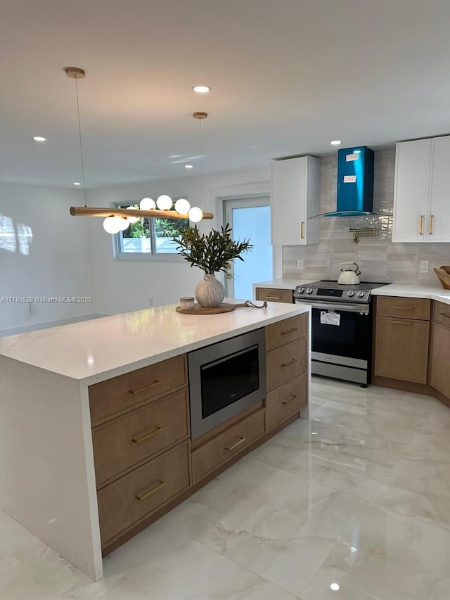 360 NE 118th St, Miami, FL 33161 - kitchen with wall chimney exhaust hood, stainless steel appliances, white cabinetry, recessed lighting, and decorative backsplash
