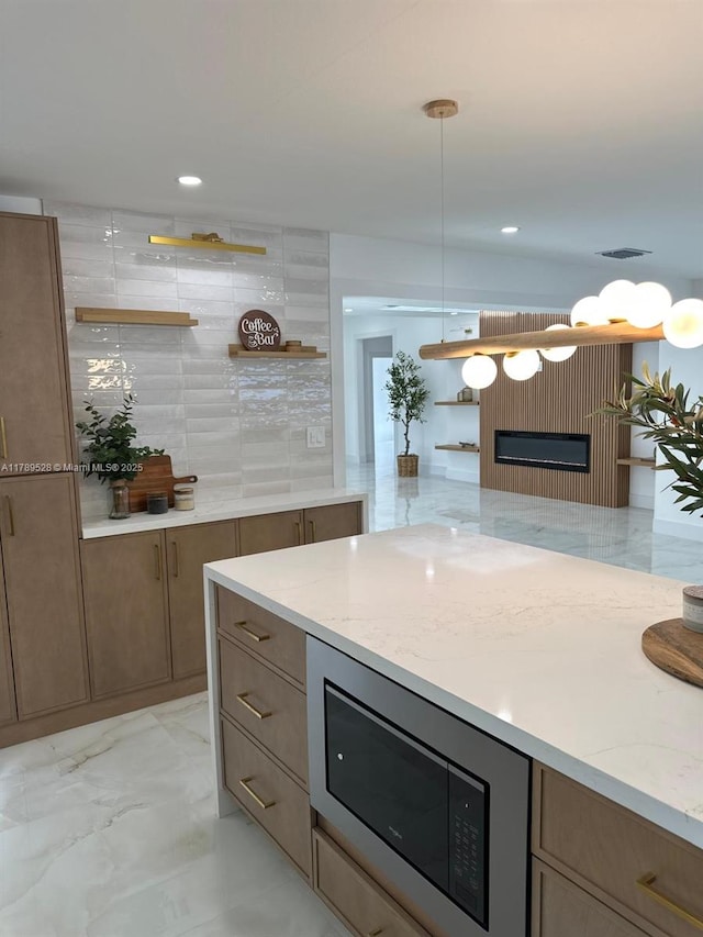 360 NE 118th St, Miami, FL 33161 - bar with visible vents, hanging light fixtures, a fireplace, built in microwave, and recessed lighting