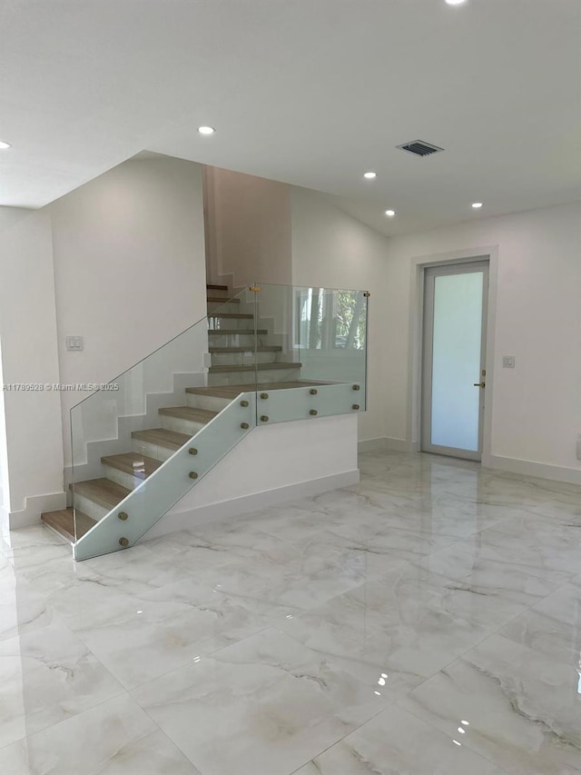 360 NE 118th St, Miami, FL 33161 - stairs with recessed lighting, baseboards, visible vents, and marble finish floor