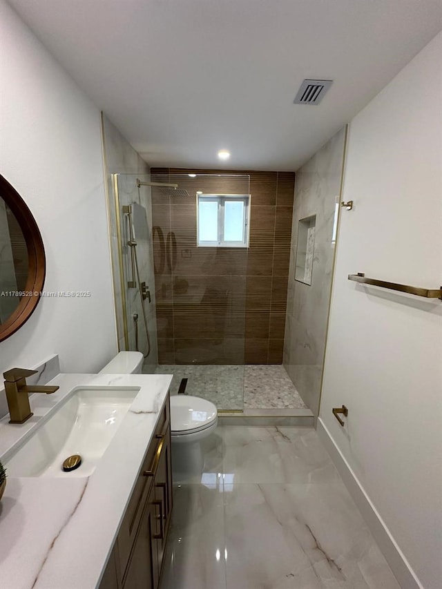 360 NE 118th St, Miami, FL 33161 - full bath with walk in shower, vanity, toilet, marble finish floor, and visible vents