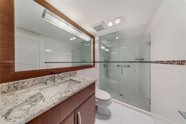 bathroom with tile patterned flooring, vanity, toilet, visible vents, and a stall shower