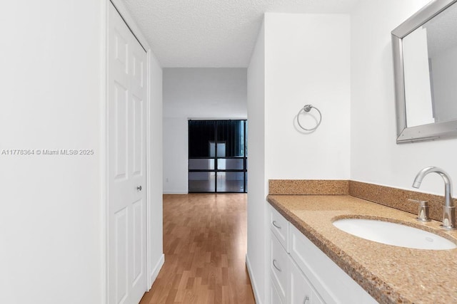 bathroom with a textured ceiling, wood finished floors, and vanity