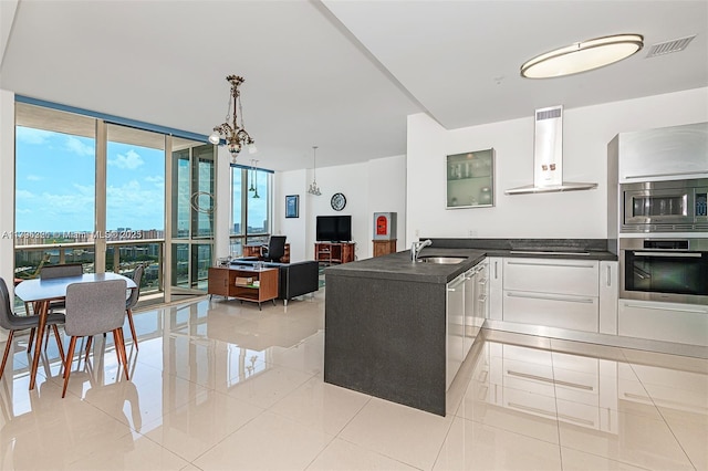 kitchen featuring dark countertops, range hood, expansive windows, a sink, and stainless steel appliances