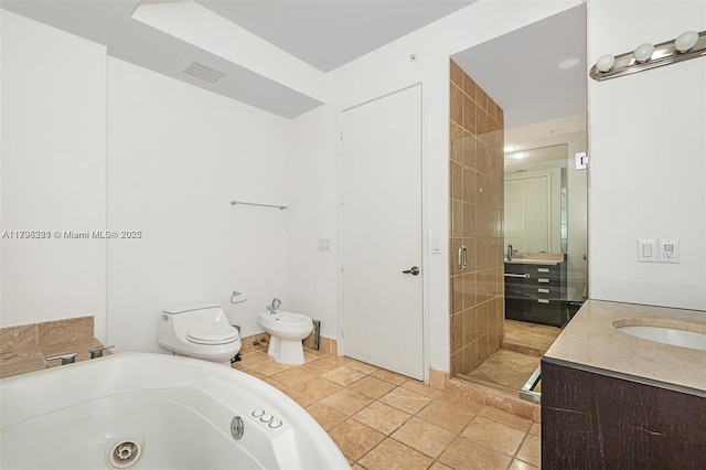 bathroom featuring a jetted tub, a bidet, a stall shower, vanity, and toilet