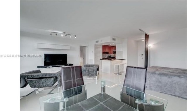 living area featuring dark tile patterned floors and track lighting