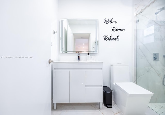 full bath featuring toilet, a marble finish shower, and vanity