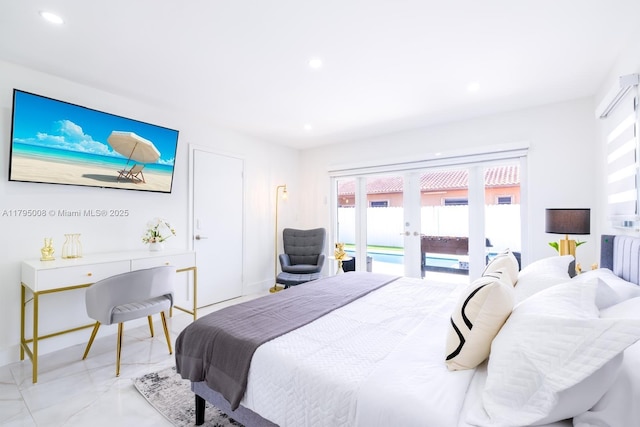 bedroom featuring access to outside, recessed lighting, baseboards, and french doors