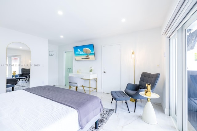 bedroom with recessed lighting, access to outside, and marble finish floor