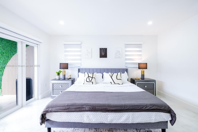 bedroom featuring access to outside, baseboards, and recessed lighting