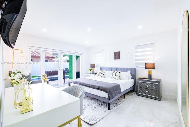 bedroom with recessed lighting, french doors, marble finish floor, and access to exterior