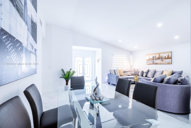 dining room featuring baseboards, vaulted ceiling, recessed lighting, and marble finish floor
