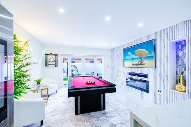 recreation room featuring recessed lighting, pool table, and french doors