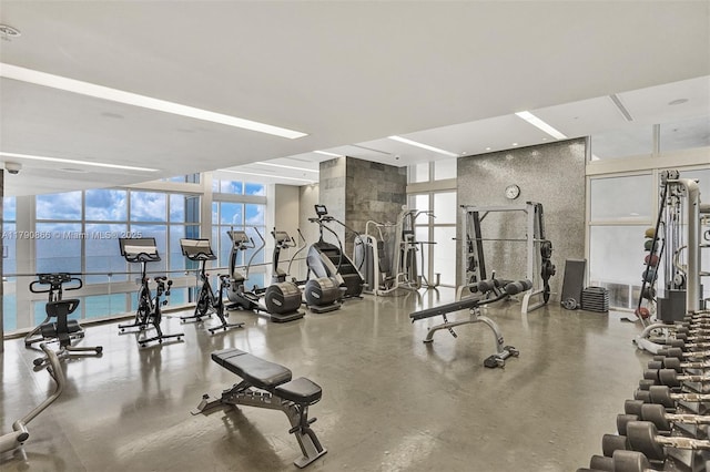 workout area featuring expansive windows