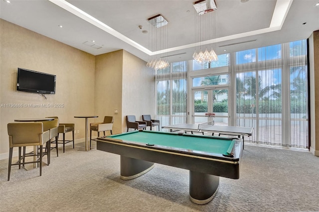 game room featuring baseboards, carpet, pool table, and a tray ceiling