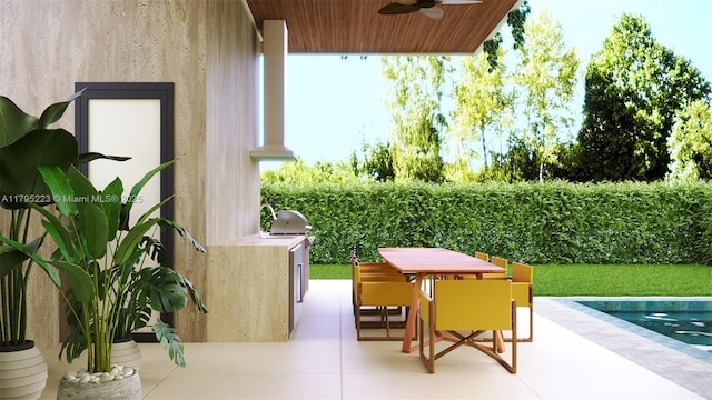 view of patio / terrace featuring an outdoor kitchen, ceiling fan, a fenced in pool, and outdoor dining space