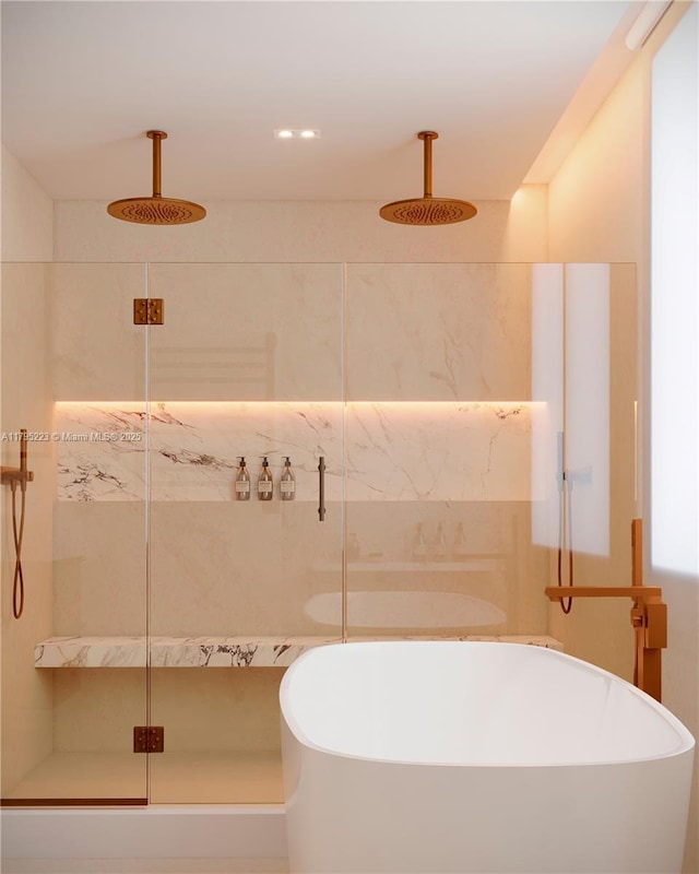 full bath with a freestanding bath and a stall shower