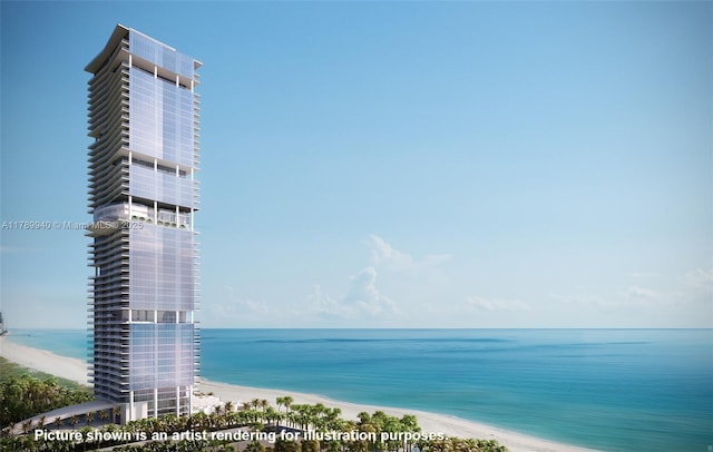 property view of water featuring a beach view