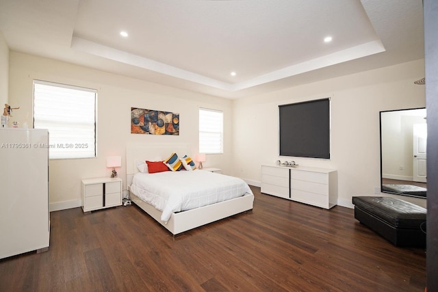 bedroom with a tray ceiling, recessed lighting, and wood finished floors