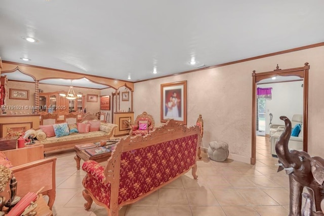 tiled living area with baseboards, ornamental molding, recessed lighting, and a chandelier