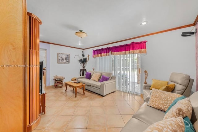 living room with light tile patterned floors and crown molding