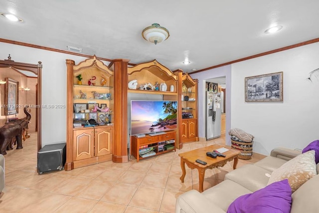 living area featuring crown molding, light tile patterned flooring, recessed lighting, and visible vents