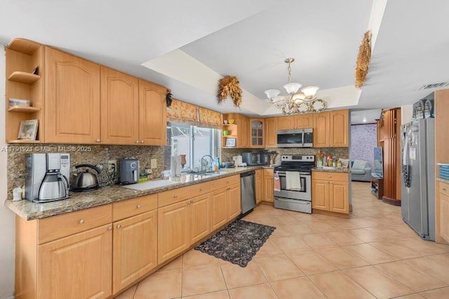 kitchen with visible vents, open shelves, appliances with stainless steel finishes, and tasteful backsplash