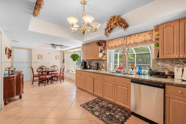 kitchen featuring tasteful backsplash, stainless steel dishwasher, open shelves, a sink, and a raised ceiling