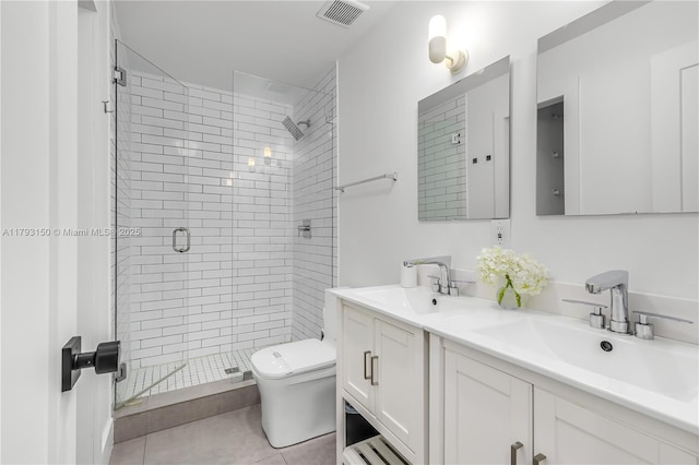 full bathroom featuring toilet, visible vents, a stall shower, and a sink