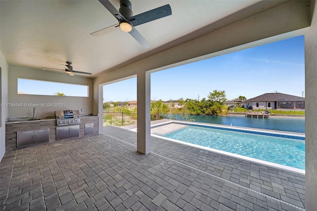 1427 NW 17th St, Cape Coral, FL 33993 - pool with area for grilling, a water view, ceiling fan, and a patio area