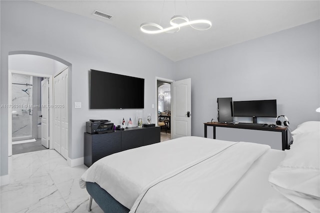 bedroom with lofted ceiling, marble finish floor, visible vents, a chandelier, and arched walkways