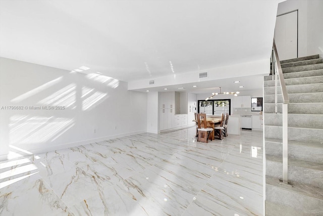 living room featuring marble finish floor, recessed lighting, baseboards, visible vents, and stairway