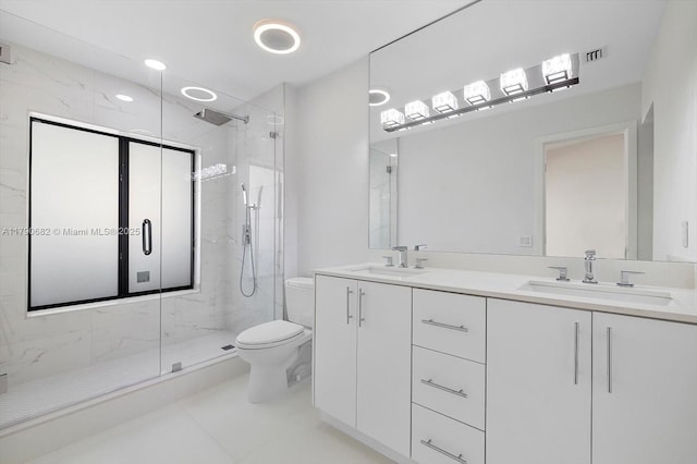 full bath featuring a sink, a marble finish shower, toilet, and visible vents