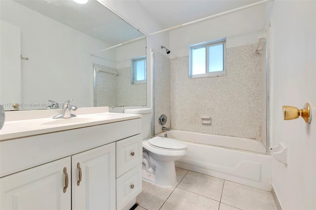 bathroom featuring vanity, tile patterned floors, shower / bathtub combination, and toilet