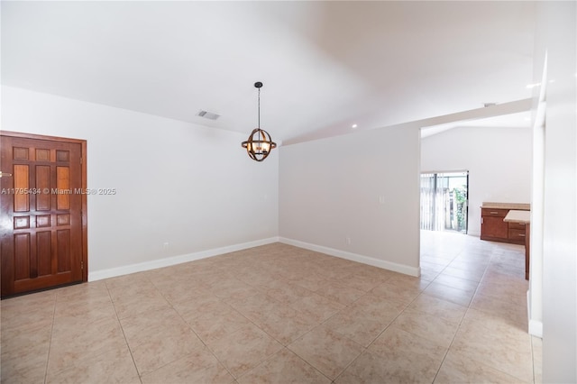 13150 SW 106th St, Miami, FL 33186 - spare room with a chandelier, baseboards, light tile patterned floors, vaulted ceiling, and visible vents