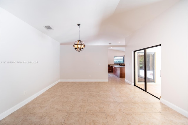 13150 SW 106th St, Miami, FL 33186 - empty room featuring a chandelier, visible vents, baseboards, lofted ceiling, and light tile patterned flooring