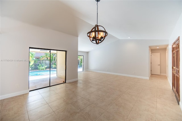 13150 SW 106th St, Miami, FL 33186 - unfurnished room featuring lofted ceiling, baseboards, recessed lighting, light tile patterned floors, and a notable chandelier