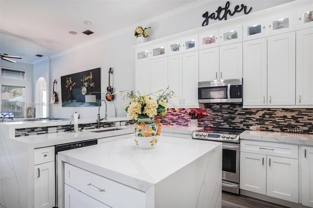 12307 NW 49th St, Coral Springs, FL 33076 - kitchen featuring appliances with stainless steel finishes, a sink, ornamental molding, decorative backsplash, and a kitchen island